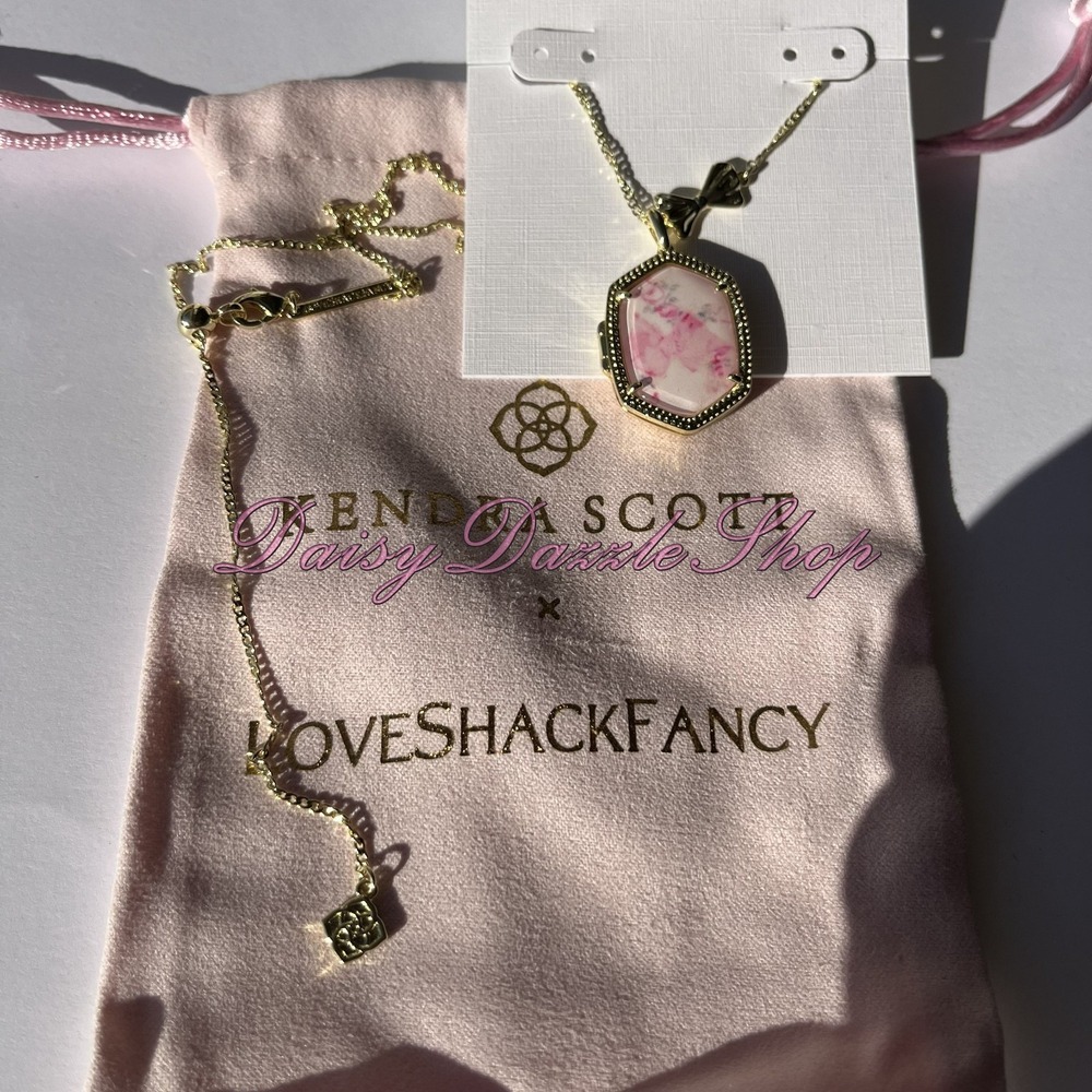 🎀Kendra Scott x LoveShackFancy Daphne Gold Locket Necklace Pink Mint Rosa Beaux